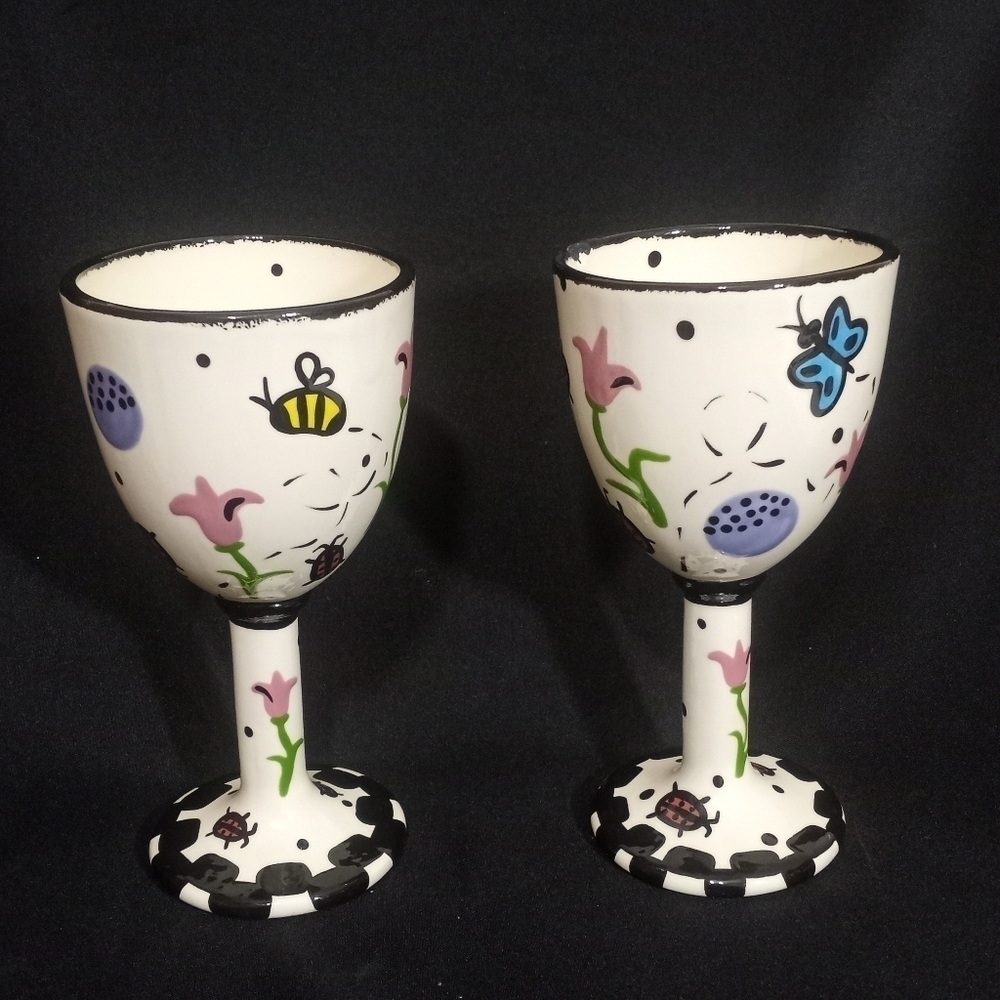 Two Hand Painted Goblets by Bette Abrams Made in the USA - Picture 1 of 13
